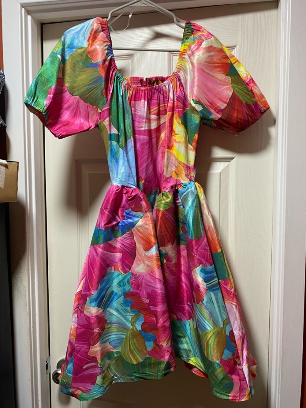 Bright Pink Floral Midi Dress with Puff Sleeves